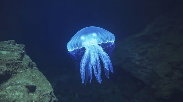 Bioluminescent jellyfish in deep blue water