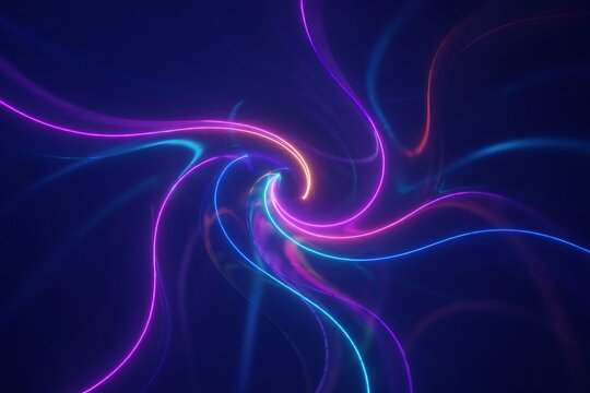 Abstract swirling vortex of vibrant neon light trails in shades of pink purple blue and orange against a dark deep blue background creating a futuristic energy flow