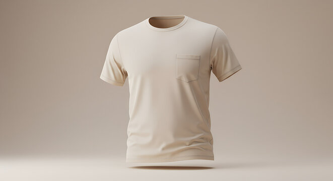 Realistic 3D T-shirt mockup, blank cotton tee with left pocket floating mid-air against neutral gradient background, soft lighting emphasizing fabric texture