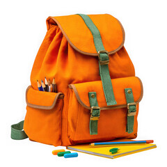 Vibrant orange backpack with pencils and notebook isolated on transparent background