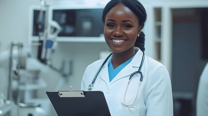 Photograph of a smiling Black female doctor holding a clipboard in a clinical setting.