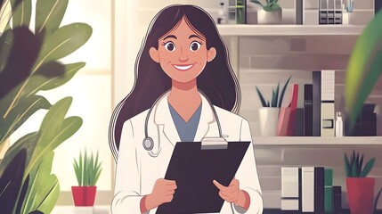 Digital illustration of a smiling female doctor holding a clipboard in a brightly lit office setting.