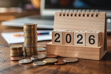 Wooden blocks displaying the year 2026 sit next to stacks of coins on a wooden desk with a laptop in the background