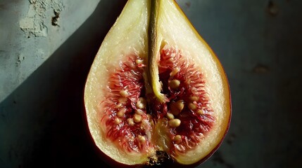 Photograph of a figâ€™s interior half-section revealing seeds and dark veins against a muted green backdrop.