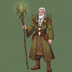 An elderly elf, with long white braid and beard, stands holding a glowing wooden staff adorned with leaves. He wears an ornate green robe and brown boots.
