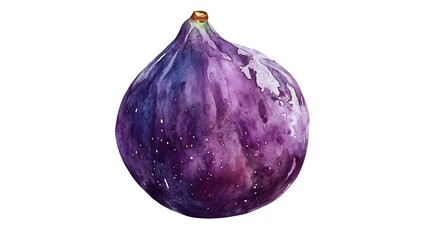 Watercolor painting of a dark purple fig with speckled skin and a small stem.