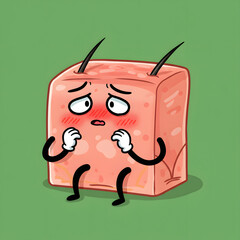 A pink, cube-shaped character with small limbs and two antennae displays a shy, worried expression, hands covering its face.