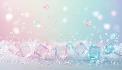 Pastel-colored ice cubes scattered on a light background with soft snowflakes. refreshing summer vibe with ample copy space.