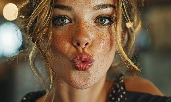Young woman with freckles pouting lips close up with bokeh background, good for beauty