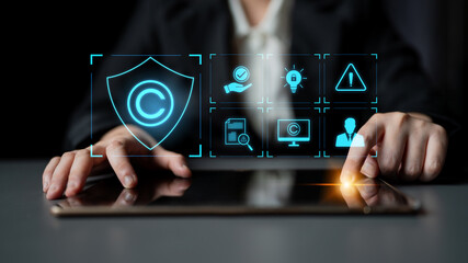 Digital copyright protection system showing secure ownership, intellectual property rights, content...
