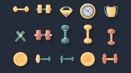 Digital illustration of geometric shapes â€“ dumbbells, coin, clock, arrow, and target â€“ arranged in a symmetrical...