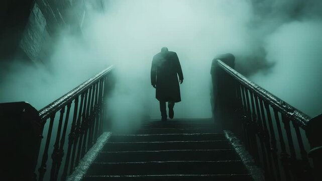 A lone figure in a coat ascends dark stone stairs surrounded by dense fog, cinematic style, evoking mystery and suspense in a night setting