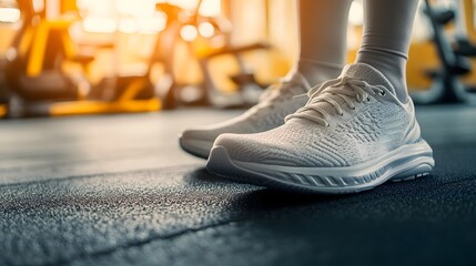 Photograph of athletic shoes on a dark gym floor with blurred workout equipment in the background.