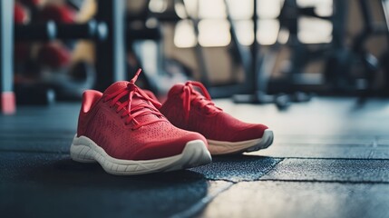 Photograph of red running shoes on a gym floor, showcasing a sporty, minimalist aesthetic.