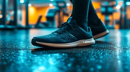 Photograph of dark running shoes on a reflective, wet urban surface with blurred background lights.
