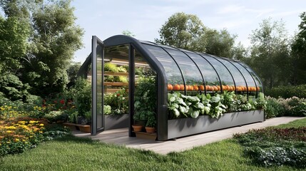 Greenhouse with organic, green and tasty vegetables. Homemade and healthy food. Vegetable production