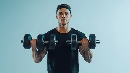 Photograph of a muscular man exercising with dumbbells against a light blue backdrop.