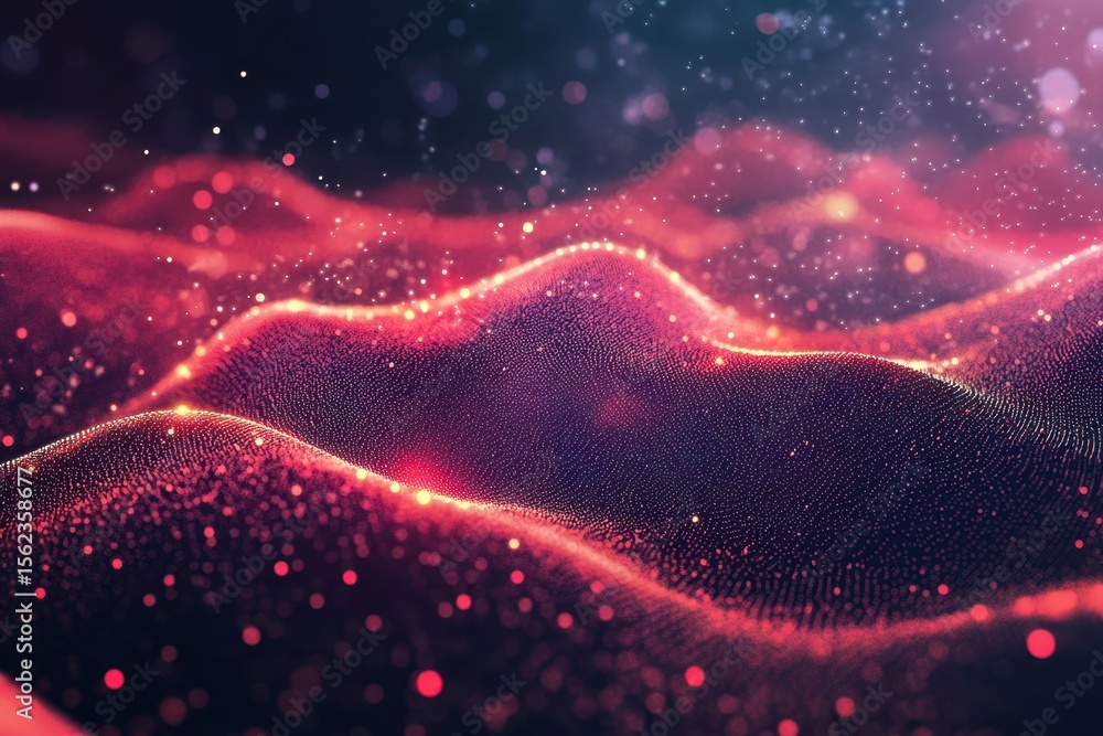 Poster Red particles creating dynamic patterns in a flowing liquid medium, Red Particles Flowing in Liquid