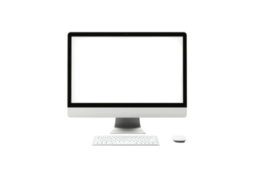 A modern iMac with a blank white screen, white and isolated on a transparent background in PNG format.