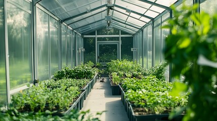 Greenhouse with organic, green and tasty vegetables. Homemade and healthy food. Vegetable production