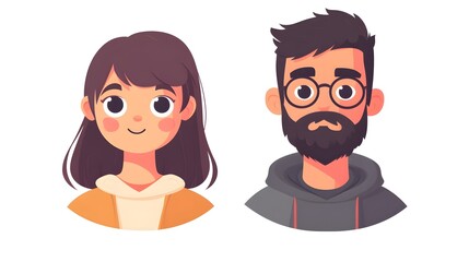 Digital illustration of two cartoon characters, a woman and a man, with expressive eyes and hairstyles.