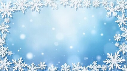 A winter-themed background featuring a blue gradient with white snowflakes framing the edges. For Christmas banners , copy space.
