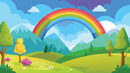 Cartoon Landscape with Mountains, Rainbow, Trees, Clouds, and Flowers in a Colorful Illustration