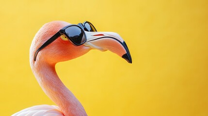 Photograph of a flamingo wearing sunglasses against a bright yellow background.