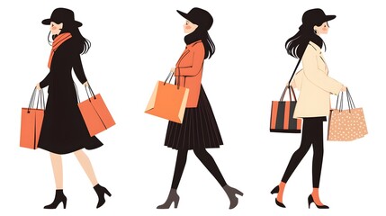Digital illustration of three fashionable women in autumn outfits holding shopping bags while walking.