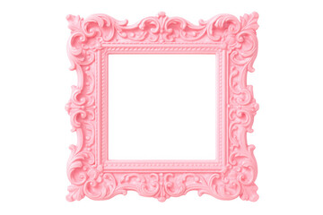 Ornate pink baroque style square picture frame with intricate scrollwork isolated on transparent background