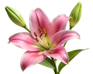 A vibrant pink lily flower with buds isolated on transparent background