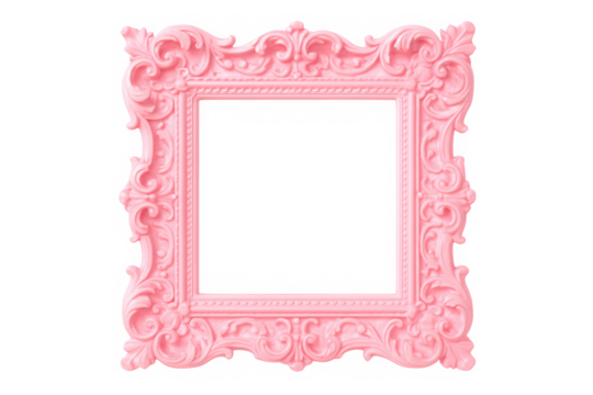 Ornate pink baroque style square picture frame with intricate scrollwork isolated on transparent background