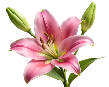 A vibrant pink lily flower with buds isolated on transparent background