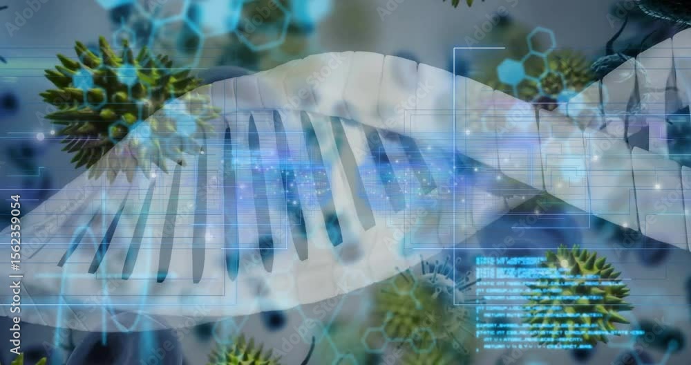 Poster dna helix materializing and rotating in hex grid, virus drifting panels updating for gene analysis