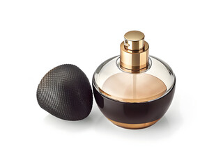 Elegant glass perfume bottle with a golden sprayer, isolated on a white background, exuding luxury and a captivating aroma