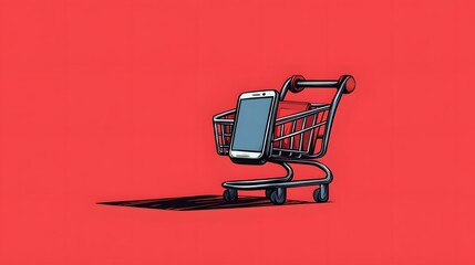Digital illustration depicts a shopping cart holding a smartphone, in a vintage, monochromatic style.