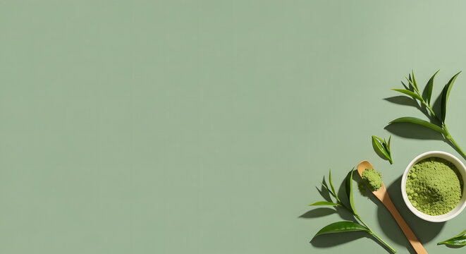 Matcha powder in a small white bowl with a wooden spoon and fresh tea leaves on a sage green background.  A minimalist and elegant image ideal for health and wellness or food blogs. 