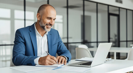 Obraz premium Man Working and Writing at Desk with Laptop in Office
