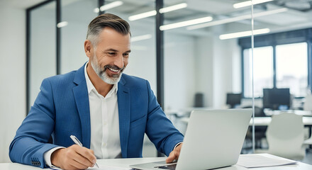 Fototapeta premium Man Working on Laptop and Taking Notes in Modern Office