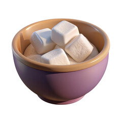 Bowl of fluffy white marshmallows and sugar isolated on transparent background