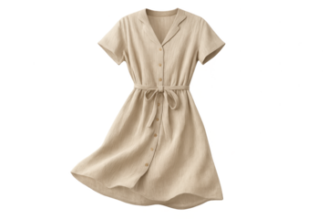 Elegant beige linen dress isolated on transparent background, summer fashion