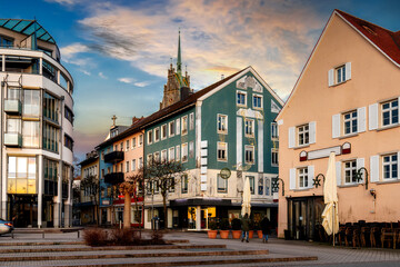 Old town of Friedrichshafen with historic and modern buildings in evening light, Lake constance, Germany