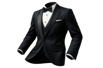 Elegant black tuxedo with bow tie isolated on transparent background, formal wear