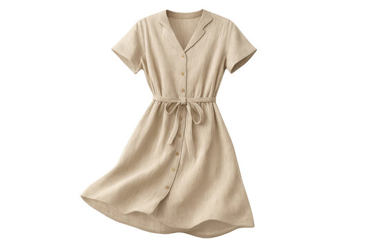 Elegant beige linen dress isolated on transparent background, summer fashion