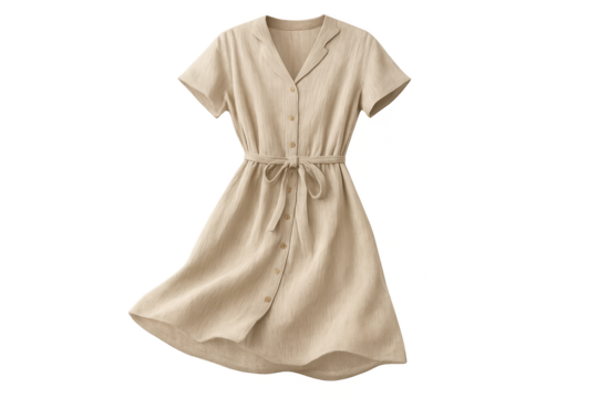 Elegant beige linen dress isolated on transparent background, summer fashion