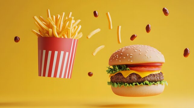 3D render of a burger, fries, and cup floating against a vibrant yellow background.