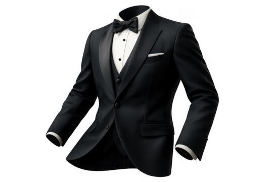 Elegant black tuxedo with bow tie isolated on transparent background, formal wear