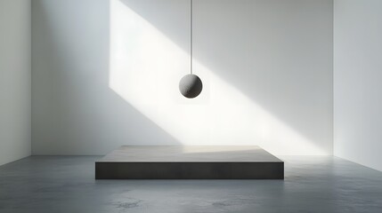 3D render of a minimalist room with a dark orb suspended on a raised platform, illuminated by a single beam of light.