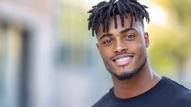 A man with a shaved beard and dreadlocks is smiling for the camera