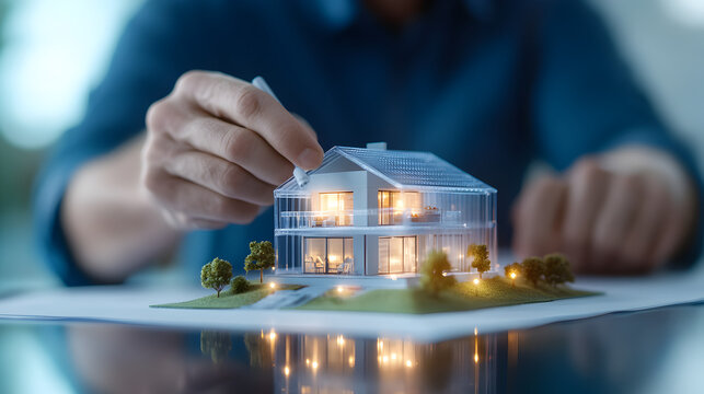  Detail-oriented architect crafting blueprints with a scale model house, embodying the essence of precision in home design